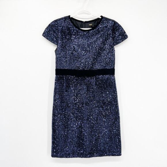 MAJE Ketsia Midnight Blue Sequined Tulle Dress Velvet Bow Small - Picture 2 of 7